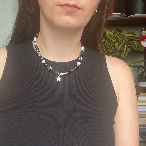 Stardust Black & White Beaded Necklace Evil Eye Silver Star Pendant Lava Stone - Picture 5 of 8